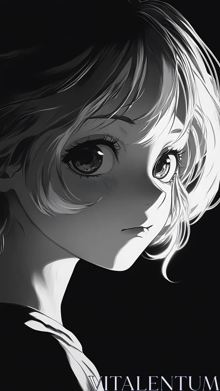 Monochrome anime portrait isolates a contemplative side gaze