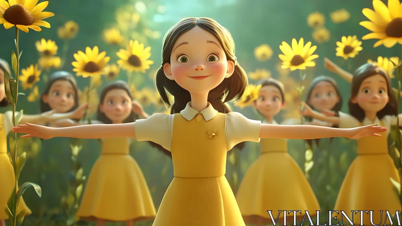 Stylized girl characters stand among sunflowers in formation