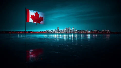 Canadian flag glowing over a serene neon city skyline.