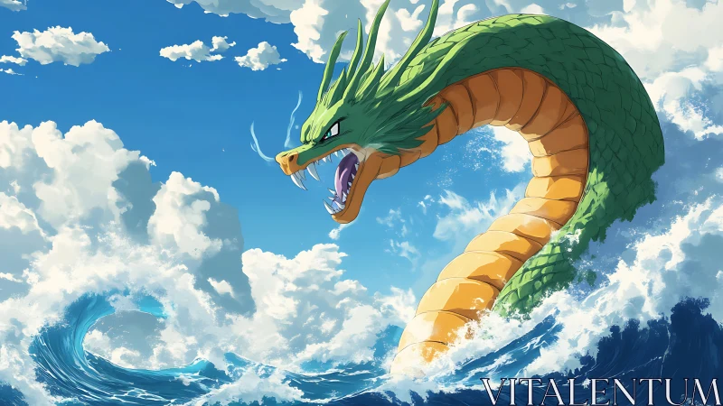 Emerging sea serpent dragon in dynamic foaming ocean waves