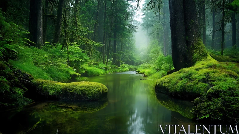 Verdant forest stream winds through moss-covered landscape