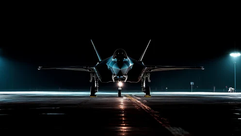 Stealth fighter jet waits under stark runway night lights