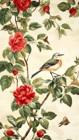 Songbird perched amid camellia blossoms on parchment ground