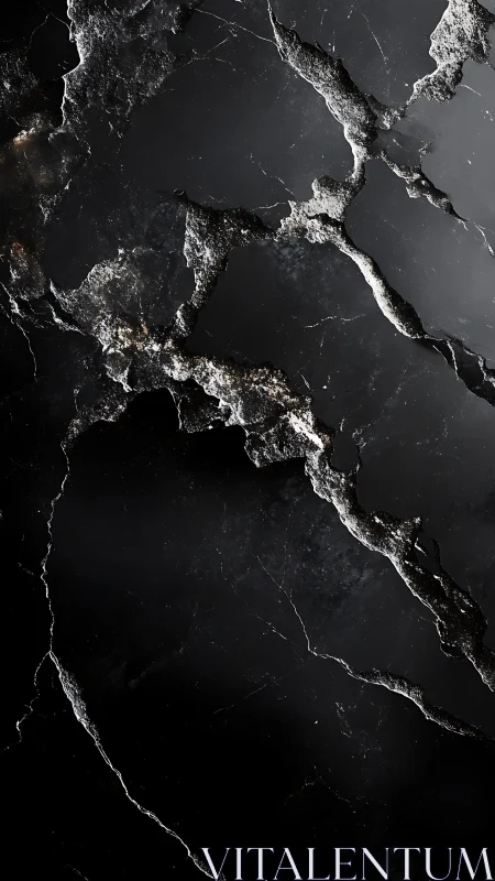 Dark fractured marble surface gleams with subtle metallic veins.