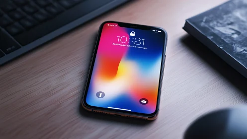 Contemporary smartphone on wooden surface displaying gradient lockscreen.