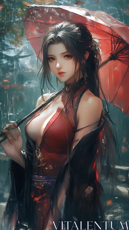 Digital portrait of woman in red dress holding parasol in rain