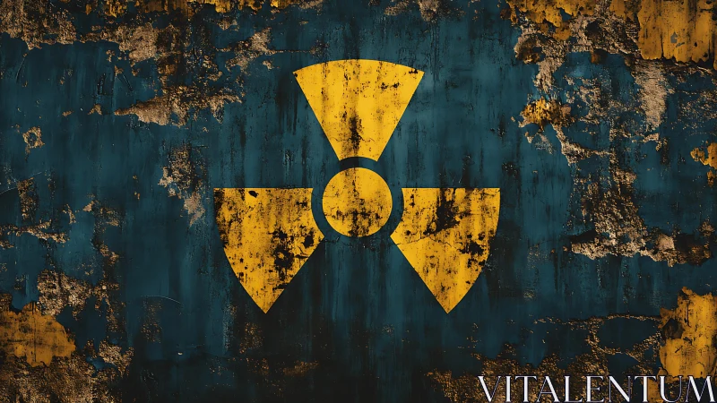Radiation warning symbol on weathered painted metal surface.
