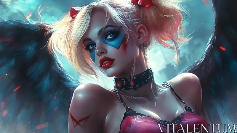 Winged rebel doll in neon gloom with wicked crimson gaze.