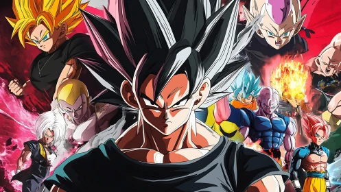 Centralized black haired fighter surrounded by multiple warriors