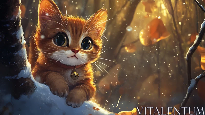 Golden Kitten in Winter Forest with Ethereal Light.