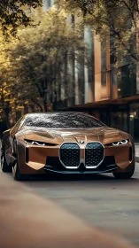 Futuristic bronze BMW concept coupe on city street at dusk.