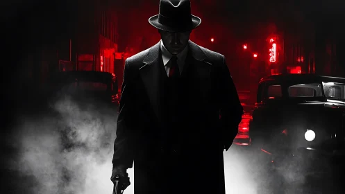 Noir hitman silhouetted in backlit smoke and red neon haze
