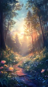 Forest Trail at Sunrise: Digital Landscape with Radiant Light and Wildflower Composition.