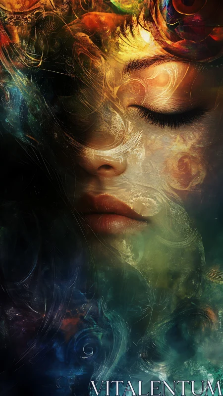 Female face merged with swirling abstract light patterns