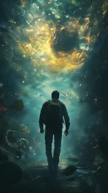 Lone explorer under turbulent luminous nebula corridor