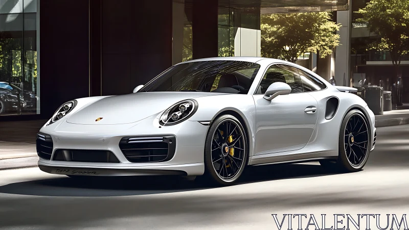 Sunlit white sports coupe paused in a quiet city street.