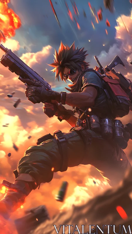 Fearless sky warrior leaping through a storm of fire.