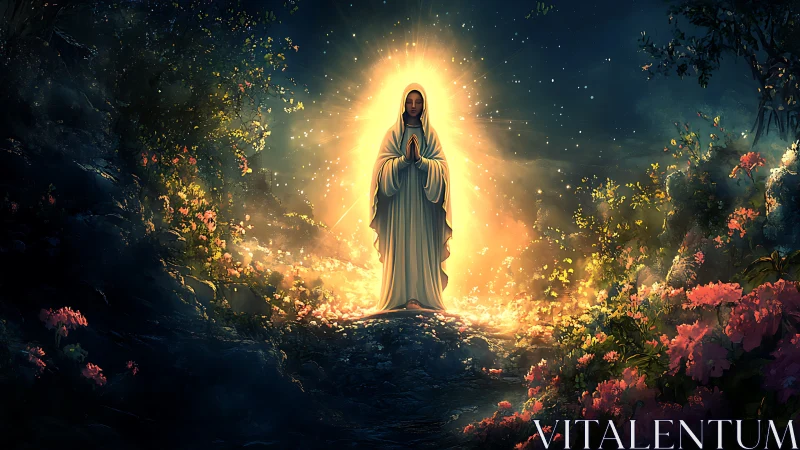 Radiant robed figure stands in luminous forest clearing