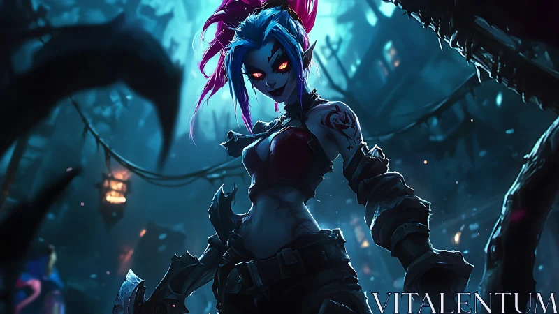 Blue-haired armed character in dark urban alleyway at night.