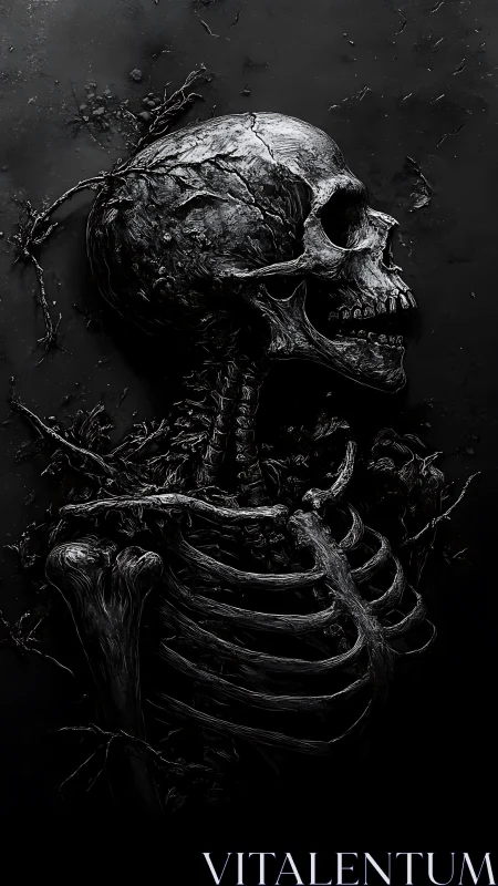 Eroded skeletal figure rendered in high-contrast monochrome