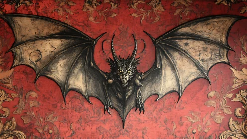 Gothic winged demon rendered against ornate red damask wall