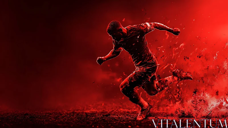 Soccer player rendered in red monochrome mid sprint motion
