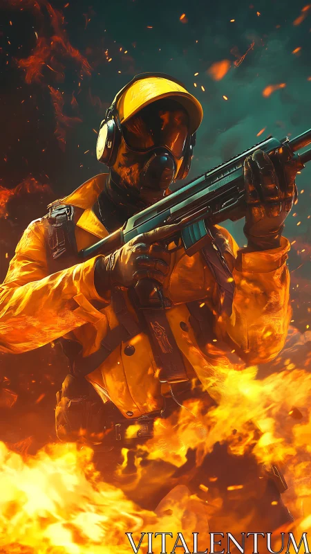 Armed figure in protective gear amid flames and particle effects