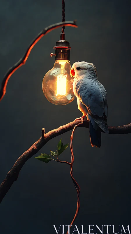 Parrot rests beside glowing bulb on twilight branch.