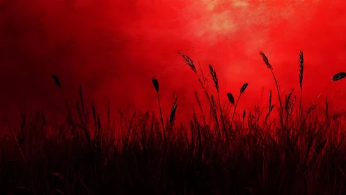 Crimson horizon over silhouetted wild grass field.