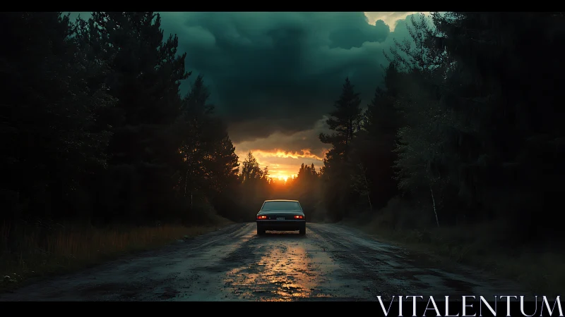 Car on wet forest road under dense sunset clouds.