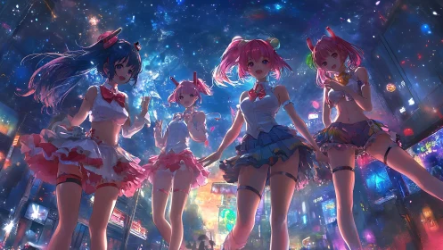 Idol friends glowing under a neon city night sky.