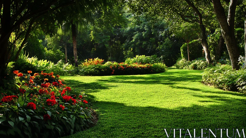 Lush sunlit garden lawn with red floral borders and trees.