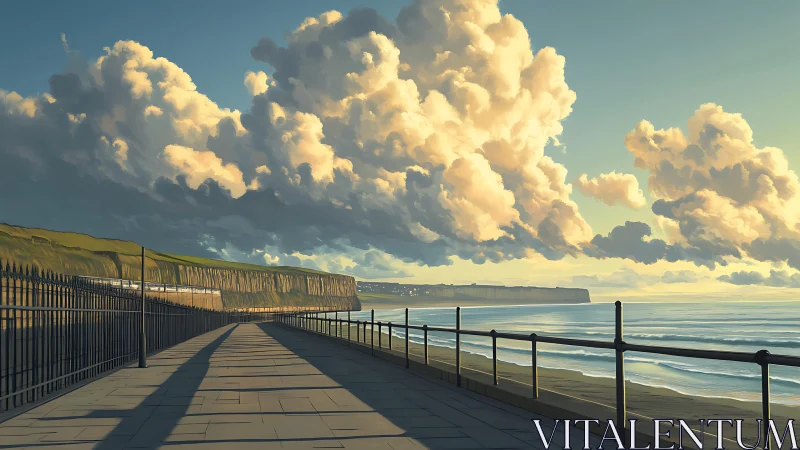 Coastal promenade under towering sunset clouds, serene view.
