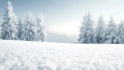 Snow laden conifer forest rises beyond soft winter meadow
