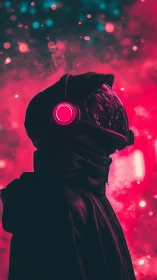 Silhouetted sci fi helmeted figure stands in neon mist