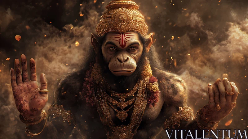 Divine monkey warrior sits in smoky halo of golden embers.