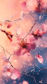 Pink blossom with water droplets in luminous bokeh