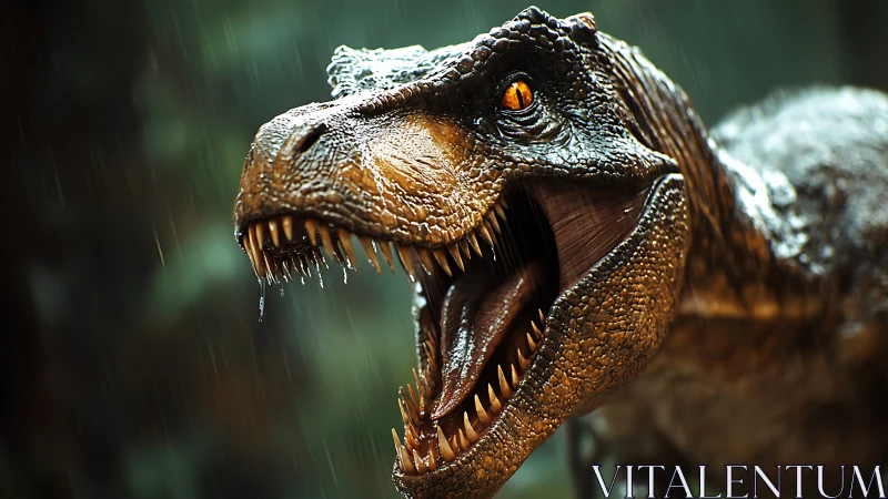 Rain-soaked tyrannosaur head render with hyperreal texturing.