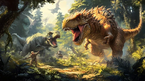 Armored theropod confrontation in dense prehistoric forest.