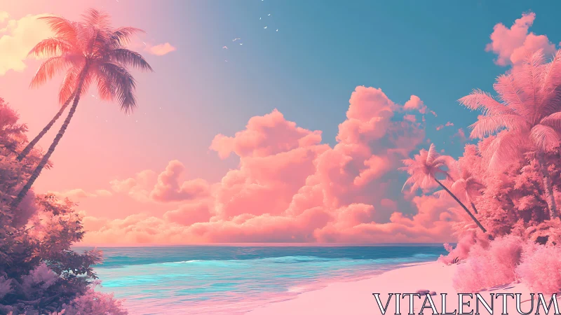 Surreal Tropical Paradise Bathed in Pink Sunset Glow