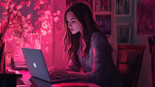 Focused woman works on laptop under vivid pink light.