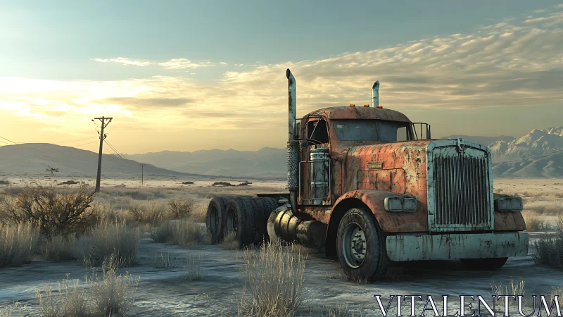 Rust-streaked desert hauler waits quietly beneath pale sunrise