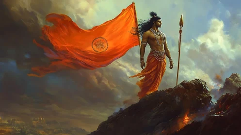 Mythic warrior guarding blazing saffron flag on peaks.