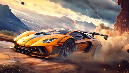 Orange supercar drifts through dusty canyon road at sunset