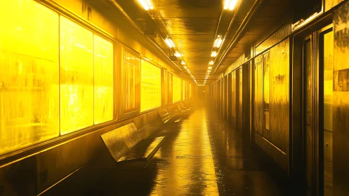 Wet metallic subway corridor under harsh monochrome sodium lighting