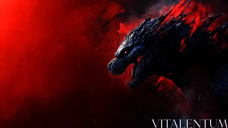 Digital painting profile of fiery kaiju amid red negative space.