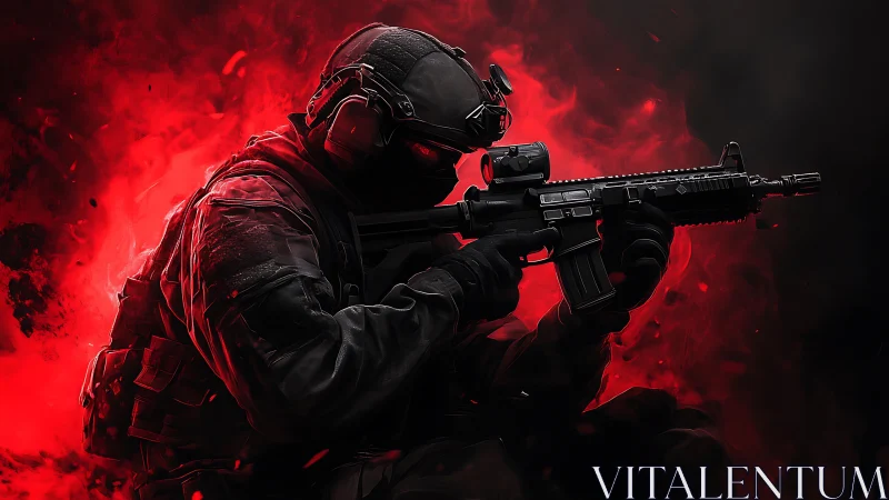 Tactical operator with carbine rifle in red combustion haze