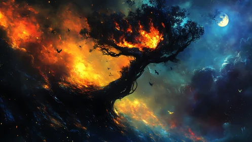 Burning Tree Against Night Sky With Moon