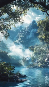 Luminous mountain lake shimmers beneath misty forest cliffs