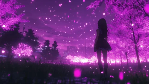 Soft evening blossoms welcome a lone girl into glowing pink calm